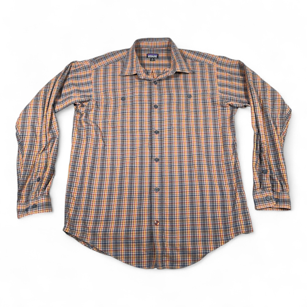 Patagonia Shirt Adult MEDIUM Brown Orange Plaid Flannel Organic Cotton Outdoor